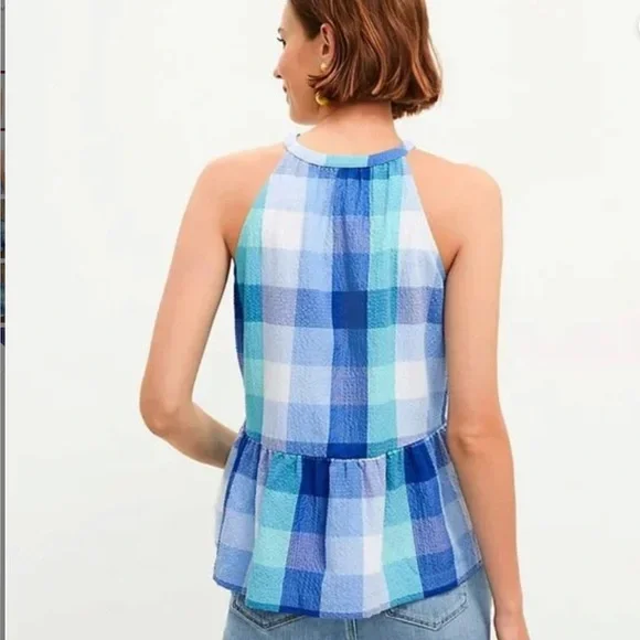 LOFT Multicolor Shades of Blue Checkered Peplum Tank Top Tie Detail - Picture 2 of 6